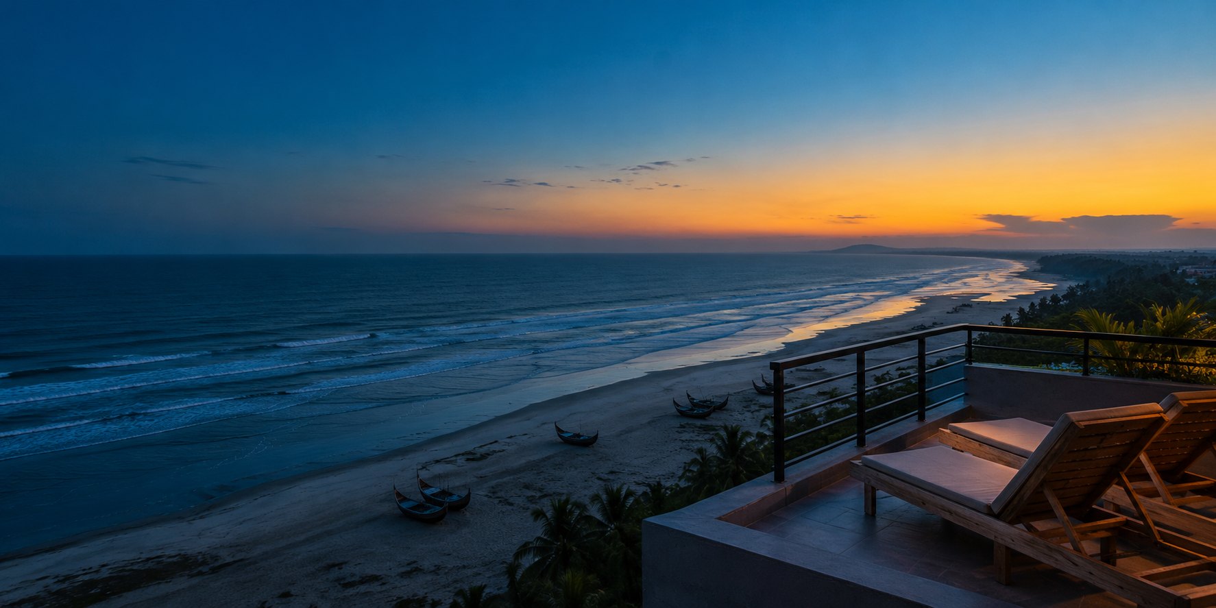 The beach at Cox’s Bazar at dusk, seen from a hotel terrace