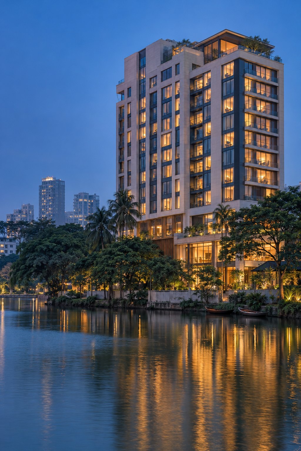 A hotel tower on Gulshan Lake in Dhaka at dusk, its windows lit