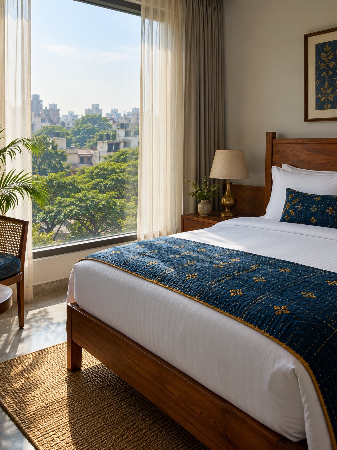 A hotel room in Dhaka in morning light, with a hand-stitched nakshi kantha throw on the bed